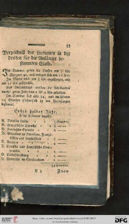Verzeichnisz der Lectionen in der dritten für die Anfänger bestimmten Classe