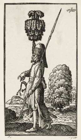 Janitschar mit hohem Federbusch und langem Spieß, aus: Melchior Lorch, "Des Weitberühmten Kunstreichen und Wolerfahrnen herrn Melchior Lorichs, Flensburgensis Wolgerissene und geschnittene Figuren zu Ross und Fuss sampt schönen Türkischen Gebäuden und allerhand was in der Türkey ze sehen", Hamburg 1626