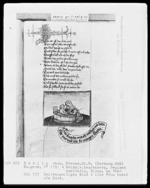 Heinrich von Laufenberg, Regimen sanitatis, deutsch — Eine Frau badet ein Kind, Folio 133recto