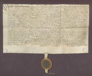 Hans Göller, Schultheiß, und genannte Mitglieder des Gerichts zu Östringen beurkunden eine Gültverschreibung des Hans Bopp und seiner Ehefrau Margarethe über 20 Gulden gegenüber Wilhelm Rehm, Generalkollektor des Bistums Speyer.