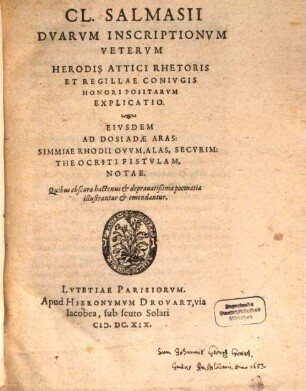 Salmasii Duarum inscriptionum explicatio