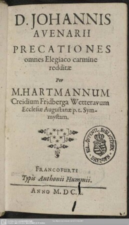 D. Johannis Avenarii precationes omnes elegiaco carmine redditae