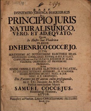 Disputatio Juridica Inauguralis De Principio Juris Naturalis Unico, Vero Et Adæquato