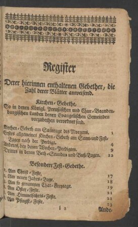 Register: Derer hierinnen enthaltenen Gebether, die Zahl derer Blaetter anweisend