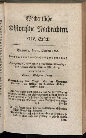 XLIV. Stück. Bayreuth, den 29. October 1766.