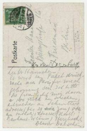 Postkarte von Theo van Doesburg an Hannah Höch mit Abbildung: "ZEICHNUNG / ASTRONOMIE / HANNAH HÖCH". Hannover
