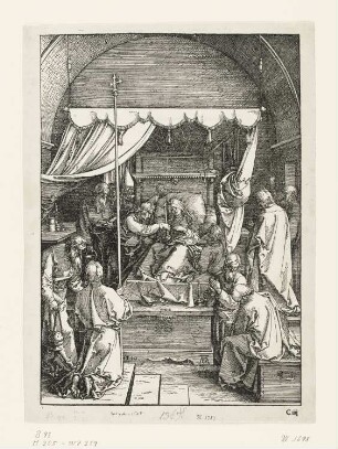 Tod Mariens, Blatt 18 aus: Albrecht Dürer, "Epitome in Divae Parthenices Mariae Historiam ab Alberto Durero Norico per figuras digestam cum versibus annexis Chelidonii", Nürnberg 1511, S. Ciiij