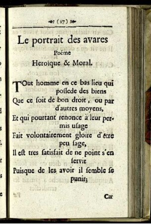 Le portrait des avares : Poéme Heroïque & Moral.