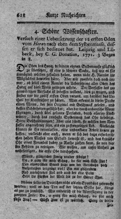 Versuch einer Uebersetzung der 12 ersten Oden vom Horaz.