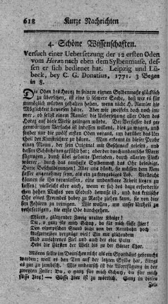 Versuch einer Uebersetzung der 12 ersten Oden vom Horaz.