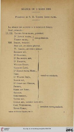 Séance du 2 mars 1894: présidence de S. E. Yacoub Artin Pacha