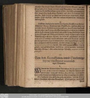 IX. Von den Kranckheiten unnd Sterbensgefahr der Menschen und unvernünfftigen Creaturen.