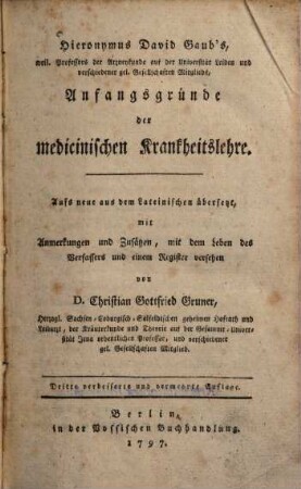 Hieronymus David Gaub's Anfangsgründe der medicinischen Krankheitslehre