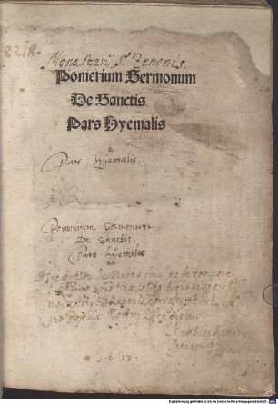 Pomerium Sermonum De Sanctis Pars Hyemalis [Pars Estiualis]