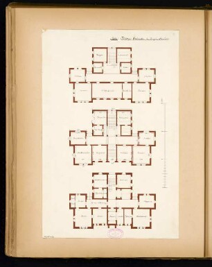 Rathaus, Calau Monatskonkurrenz März 1879: Variante I: Grundriss Keller, Erdgeschoss, Obergeschoss; Maßstabsleiste