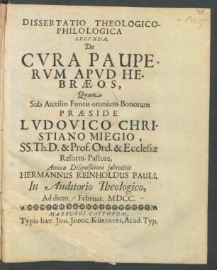 Dissertatio Theologico-Philologica Secunda. De Cura Pauperum Apud Hebraeos