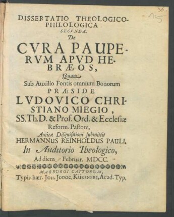 Dissertatio Theologico-Philologica Secunda. De Cura Pauperum Apud Hebraeos