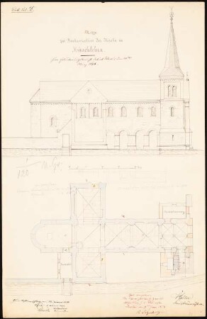 Kirche, Münchenlohra: Restaurierungsvorschlag: Grundriss, Seitenansicht
