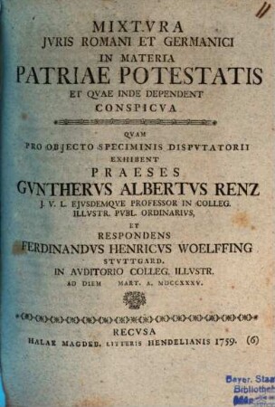 Mixtura iuris Romani et Germanici in materia patriae potestatis ... conspicua