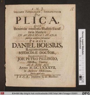 Specimen Pathologico-Therapeuticum De Plica