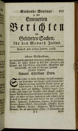 Siebende Beylage. Rostock, den 31sten Julius, 1766