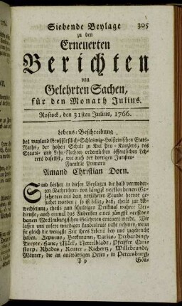Siebende Beylage. Rostock, den 31sten Julius, 1766