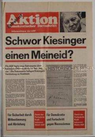 Sonderdruck der Aktion Demokratischer Fortschritt (ADF) zum Meineid Kiesingers über seine NS-Vergangenheit