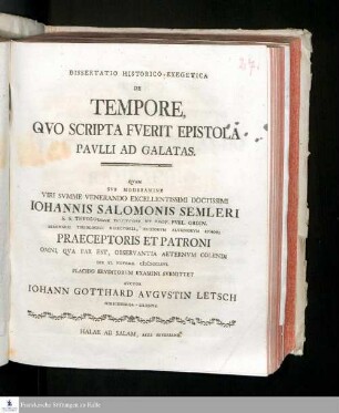 Dissertatio Historico-Exegetica De Tempore, Qvo Scripta Fverit Epistola Pavlli Ad Galatas