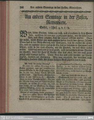 Am andern Sonntage in der Fasten, Reminiscere. Epistel, 1 Thess. 4. v. 1-8