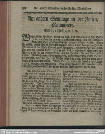 Am andern Sonntage in der Fasten, Reminiscere. Epistel, 1 Thess. 4. v. 1-8