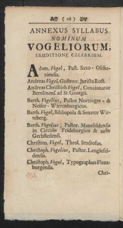 Annexus Syllabus Nominum Vogeliorum, Erdutione Celebrium