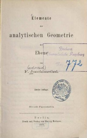 Elemente der analytischen Geometrie der Ebene