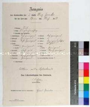 Zeugnis der Seminars Cottbus für den Postschaffnersohn Max Jando für das Sommerhalbjahr 1922
