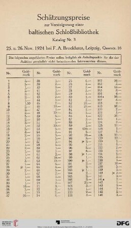 Schätzungspreise zur Versteigerung einer baltischen Schloßbibliothek, Katalog Nr. 3