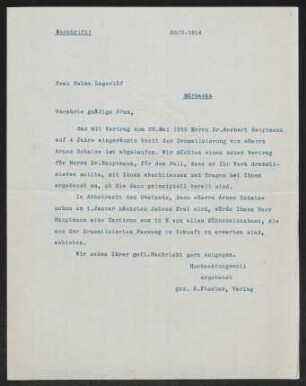 Brief von S.-Fischer-Verlag  an Selma Lagerlöf