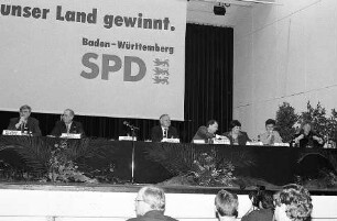 Freiburg im Breisgau: Landtagswahlkampf mit Oskar Lafontaine, Ulrich Brinkmann, Gustav-Adolf Haas und Günter Schrempp [mit Rolf Böhme]