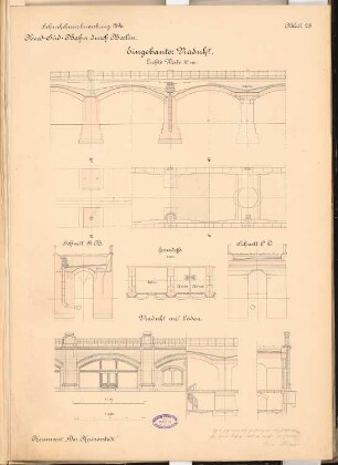 Nord-Süd-Bahn durch Berlin Schinkelwettbewerb 1897: Viadukt mit Läden. Ansichten, Grundriss, Schnitte 1:200, 1:100, Kräftepläne