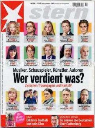 Magazin "stern" u.a. zum "Fall Guttenberg" und über den Ghadafi-Clan sowie über die Einkommen prominenter Unterhaltungskünstler