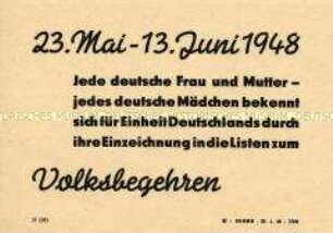 Handzettel mit einem Aufruf zum Volksbegehren 1948 mit Ausrichtung auf die Frauen
