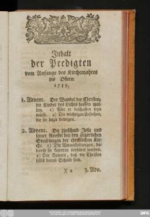Inhalt der Predigten vom Anfange des Kirchenjahres bis Ostern 1759.
