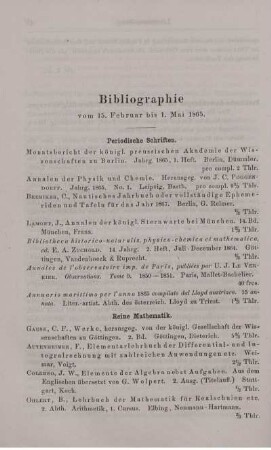 Bibliographie vom 15. Februar bis 1. Mai 1865.