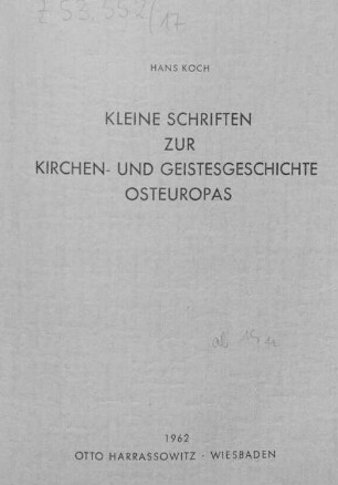 Kleine Schriften zur Kirchen- und Geistesgeschichte Osteuropas
