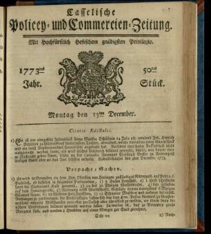50tes Stueck, Montag den 13ten December 1773
