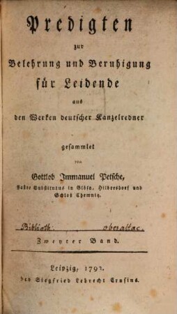 Predigten zur Belehrung und Beruhigung für Leidende : aus den Werken deutscher Kanzelredner gesammlet, 2