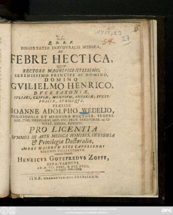 Dissertatio Inavgvralis Medica, De Febre Hectica