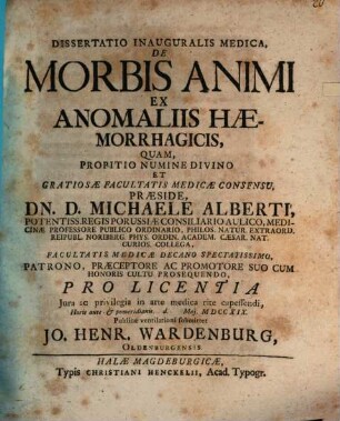 Dissertatio Inauguralis Medica, De Morbis Animi Ex Anomaliis Haemorrhagicis
