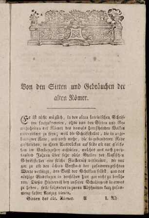 Von den Sitten und Gebräuchen der alten Römer.