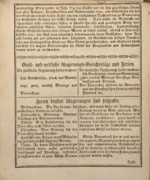 Geist- und weltliche Regierungs-Gerichtstäge und Ferien.