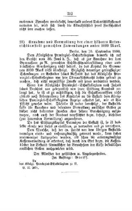 Annahme und Verwaltung der einer höheren Unterrichtsanstalt gemachten Zuwendungen unter 3000 Mark : [III. Gymnasial- etc. Lehranstalten]
