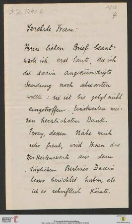 Brief von Friedrich Gundolf an Marie Luise Gothein